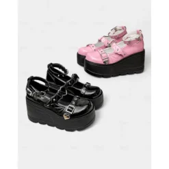 Women's Pink Platform Mary Jane Shoes – Gothic Punk Heart Buckle Bat Wing Details, Chunky Wedge Heel, Patent Faux Leather Footwear for Halloween, Cosplay and Alternative Fashion Events