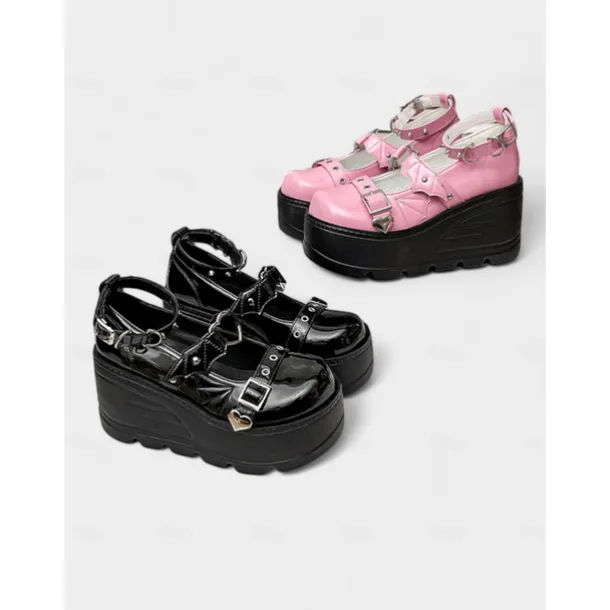 Women's Pink Platform Mary Jane Shoes – Gothic Punk Heart Buckle Bat Wing Details, Chunky Wedge Heel, Patent Faux Leather Footwear for Halloween, Cosplay and Alternative Fashion Events