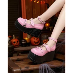 Women's Pink Platform Mary Jane Shoes – Gothic Punk Heart Buckle Bat Wing Details, Chunky Wedge Heel, Patent Faux Leather Footwear for Halloween, Cosplay and Alternative Fashion Events