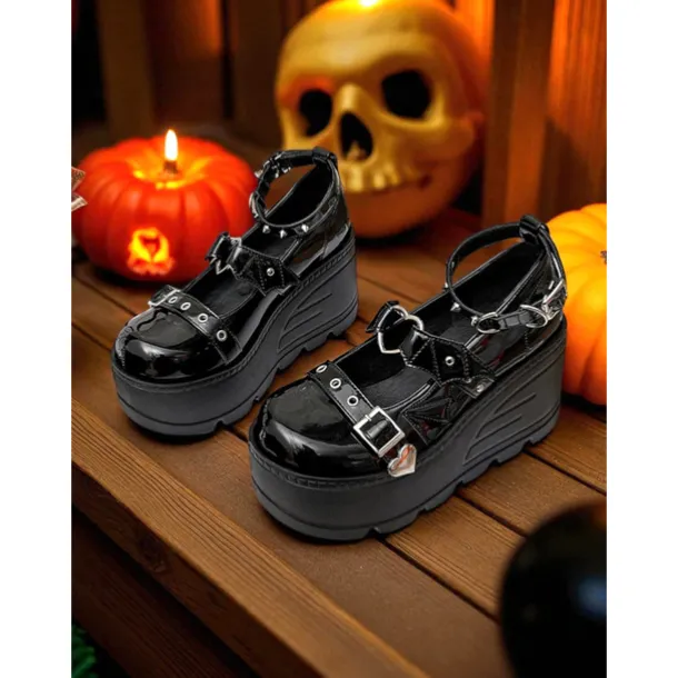 Women's Pink Platform Mary Jane Shoes – Gothic Punk Heart Buckle Bat Wing Details, Chunky Wedge Heel, Patent Faux Leather Footwear for Halloween, Cosplay and Alternative Fashion Events
