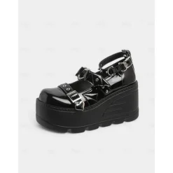 Women's Pink Platform Mary Jane Shoes – Gothic Punk Heart Buckle Bat Wing Details, Chunky Wedge Heel, Patent Faux Leather Footwear for Halloween, Cosplay and Alternative Fashion Events