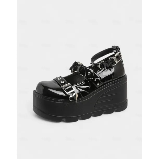Women's Pink Platform Mary Jane Shoes – Gothic Punk Heart Buckle Bat Wing Details, Chunky Wedge Heel, Patent Faux Leather Footwear for Halloween, Cosplay and Alternative Fashion Events