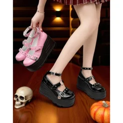 Women's Pink Platform Mary Jane Shoes – Gothic Punk Heart Buckle Bat Wing Details, Chunky Wedge Heel, Patent Faux Leather Footwear for Halloween, Cosplay and Alternative Fashion Events