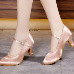 Women's Pink Satin Ballroom Dance Shoes – Mary Jane Latin Heels with Suede Sole for Performance & Practice
