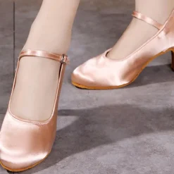 Women's Pink Satin Ballroom Dance Shoes – Mary Jane Latin Heels with Suede Sole for Performance & Practice