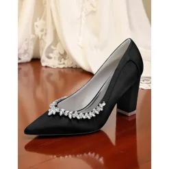 Women's Pink Satin Block Heel Wedding Pumps, Pointed Toe Rhinestone Embellished Bridal Shoes for Formal Ceremonies and Elegant Events