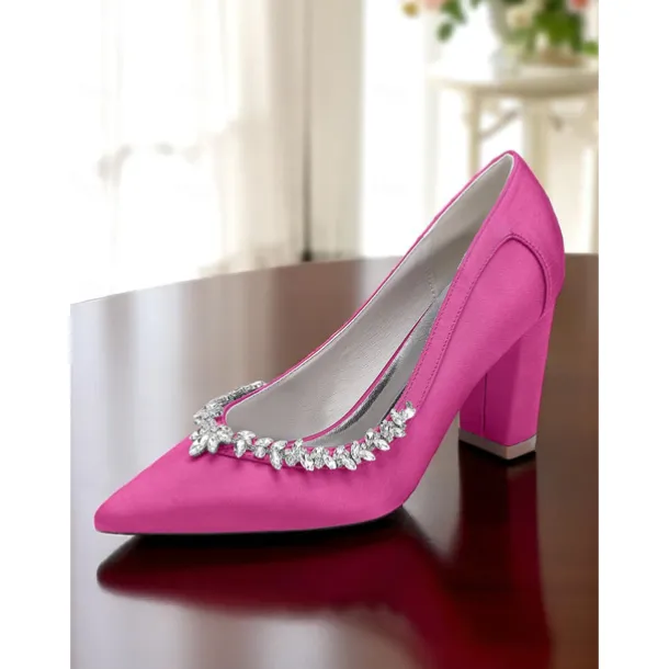 Women's Pink Satin Block Heel Wedding Pumps, Pointed Toe Rhinestone Embellished Bridal Shoes for Formal Ceremonies and Elegant Events