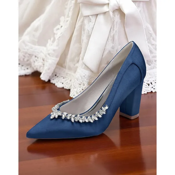 Women's Pink Satin Block Heel Wedding Pumps, Pointed Toe Rhinestone Embellished Bridal Shoes for Formal Ceremonies and Elegant Events