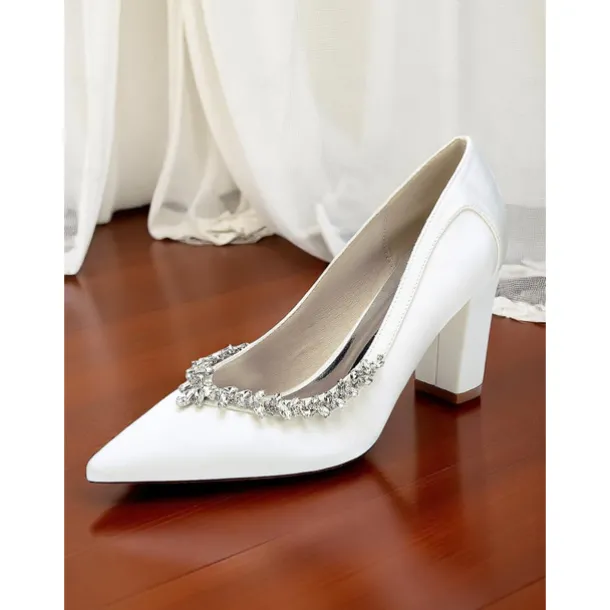 Women's Pink Satin Block Heel Wedding Pumps, Pointed Toe Rhinestone Embellished Bridal Shoes for Formal Ceremonies and Elegant Events