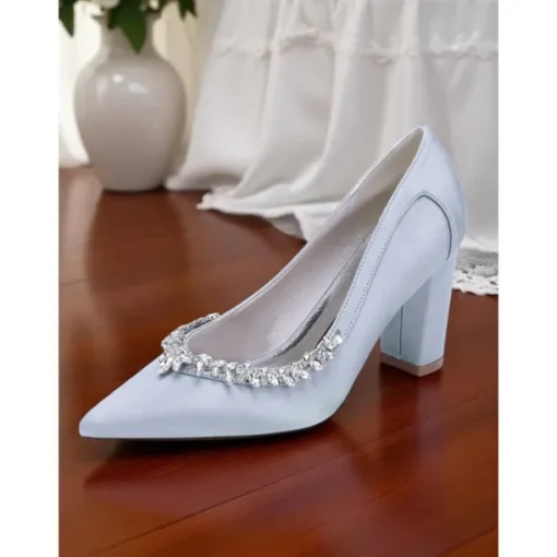 Women's Pink Satin Block Heel Wedding Pumps, Pointed Toe Rhinestone Embellished Bridal Shoes for Formal Ceremonies and Elegant Events