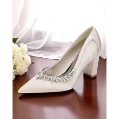 Women's Pink Satin Block Heel Wedding Pumps, Pointed Toe Rhinestone Embellished Bridal Shoes for Formal Ceremonies and Elegant Events