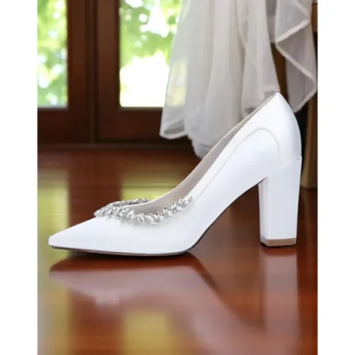 Women's Pink Satin Block Heel Wedding Pumps, Pointed Toe Rhinestone Embellished Bridal Shoes for Formal Ceremonies and Elegant Events