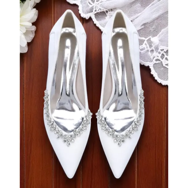 Women's Pink Satin Block Heel Wedding Pumps, Pointed Toe Rhinestone Embellished Bridal Shoes for Formal Ceremonies and Elegant Events