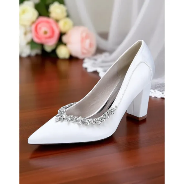 Women's Pink Satin Block Heel Wedding Pumps, Pointed Toe Rhinestone Embellished Bridal Shoes for Formal Ceremonies and Elegant Events
