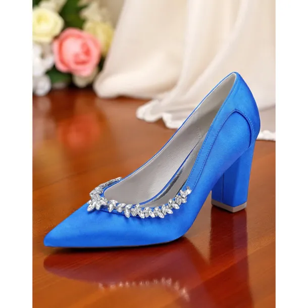 Women's Pink Satin Block Heel Wedding Pumps, Pointed Toe Rhinestone Embellished Bridal Shoes for Formal Ceremonies and Elegant Events