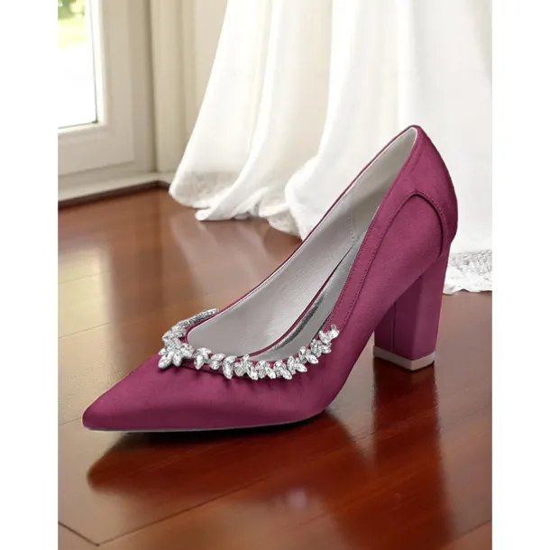 Women's Pink Satin Block Heel Wedding Pumps, Pointed Toe Rhinestone Embellished Bridal Shoes for Formal Ceremonies and Elegant Events
