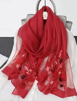 Women's Pink Sheer Embroidered Floral Scarf, Lightweight and Elegant, Perfect for Spring, Summer, and Formal Occasions