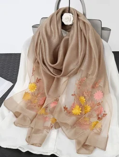 Women's Pink Sheer Embroidered Floral Scarf, Lightweight and Elegant, Perfect for Spring, Summer, and Formal Occasions