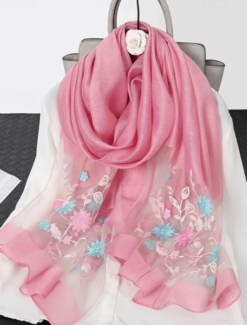 Women's Pink Sheer Embroidered Floral Scarf, Lightweight and Elegant, Perfect for Spring, Summer, and Formal Occasions