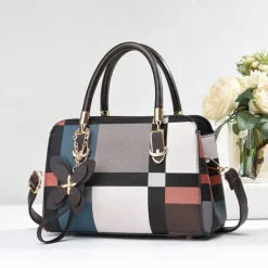 Women's Plaid Handbag with Faux Leather Handles and Shoulder Strap, Structured Top Handle Bag with Butterfly Charm for Office, Shopping and Daily Use