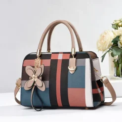 Women's Plaid Handbag with Faux Leather Handles and Shoulder Strap, Structured Top Handle Bag with Butterfly Charm for Office, Shopping and Daily Use