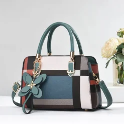 Women's Plaid Handbag with Faux Leather Handles and Shoulder Strap, Structured Top Handle Bag with Butterfly Charm for Office, Shopping and Daily Use