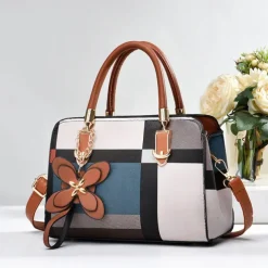 Women's Plaid Handbag with Faux Leather Handles and Shoulder Strap, Structured Top Handle Bag with Butterfly Charm for Office, Shopping and Daily Use