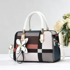 Women's Plaid Handbag with Faux Leather Handles and Shoulder Strap, Structured Top Handle Bag with Butterfly Charm for Office, Shopping and Daily Use