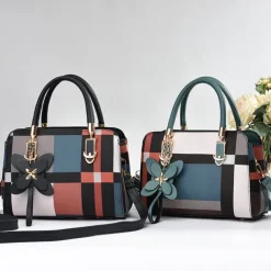 Women's Plaid Handbag with Faux Leather Handles and Shoulder Strap, Structured Top Handle Bag with Butterfly Charm for Office, Shopping and Daily Use