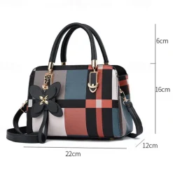 Women's Plaid Handbag with Faux Leather Handles and Shoulder Strap, Structured Top Handle Bag with Butterfly Charm for Office, Shopping and Daily Use