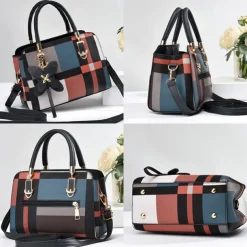 Women's Plaid Handbag with Faux Leather Handles and Shoulder Strap, Structured Top Handle Bag with Butterfly Charm for Office, Shopping and Daily Use