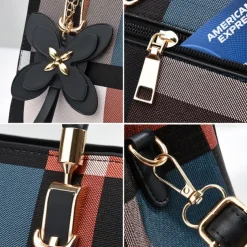 Women's Plaid Handbag with Faux Leather Handles and Shoulder Strap, Structured Top Handle Bag with Butterfly Charm for Office, Shopping and Daily Use
