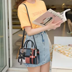 Women's Plaid Handbag with Faux Leather Handles and Shoulder Strap, Structured Top Handle Bag with Butterfly Charm for Office, Shopping and Daily Use
