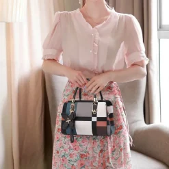 Women's Plaid Handbag with Faux Leather Handles and Shoulder Strap, Structured Top Handle Bag with Butterfly Charm for Office, Shopping and Daily Use