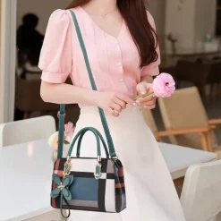 Women's Plaid Handbag with Faux Leather Handles and Shoulder Strap, Structured Top Handle Bag with Butterfly Charm for Office, Shopping and Daily Use