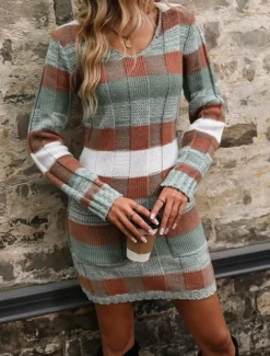 Women's Plaid V Neck Maxi Dress Long Sleeve Spring Fall