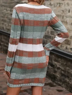 Women's Plaid V Neck Maxi Dress Long Sleeve Spring Fall