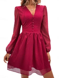 Women's Plaid V Neck Mini Dress Long Sleeve Summer Spring