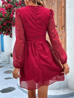 Women's Plaid V Neck Mini Dress Long Sleeve Summer Spring