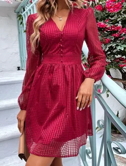 Women's Plaid V Neck Mini Dress Long Sleeve Summer Spring