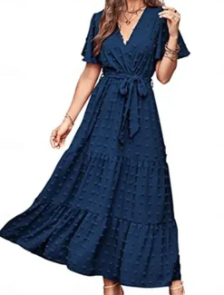 Women's Plain Tie Front V Neck Long Dress Maxi Dress Elegant Bohemia Party Daily Summer