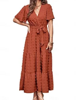 Women's Plain Tie Front V Neck Long Dress Maxi Dress Elegant Bohemia Party Daily Summer