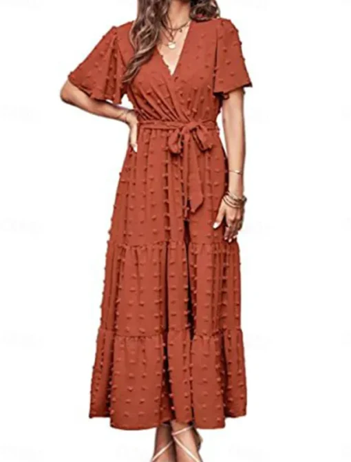 Women's Plain Tie Front V Neck Long Dress Maxi Dress Elegant Bohemia Party Daily Summer
