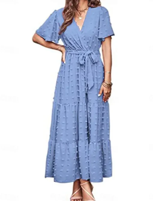 Women's Plain Tie Front V Neck Long Dress Maxi Dress Elegant Bohemia Party Daily Summer