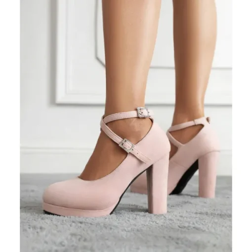 Women's Platform Faux Suede Mary Jane Pumps - Chunky High Heel Shoes with Rhinestone Buckle for Formal Events