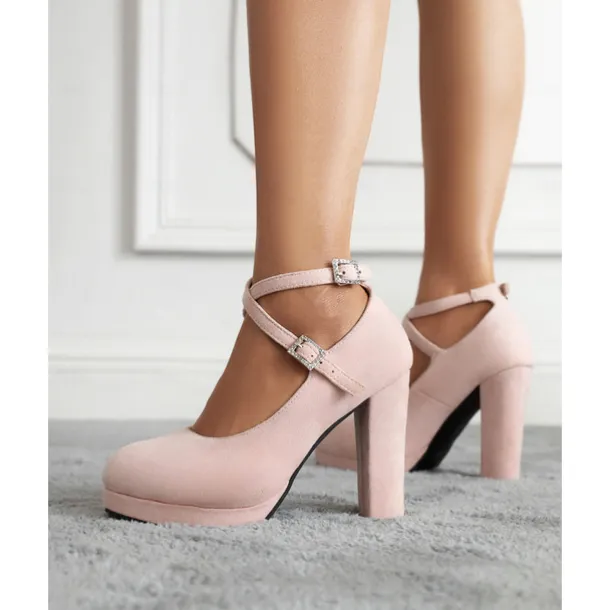 Women's Platform Faux Suede Mary Jane Pumps - Chunky High Heel Shoes with Rhinestone Buckle for Formal Events