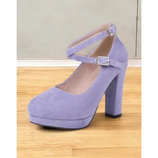 Women's Platform Faux Suede Mary Jane Pumps - Chunky High Heel Shoes with Rhinestone Buckle for Formal Events