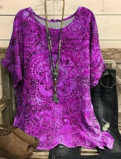 Women's Plus Size Blouse Chiffon Streetwear Floral Print Short Sleeve Regular Tops Vacation Daily Blue Purple Summer Spring