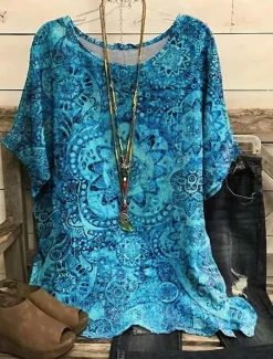 Women's Plus Size Blouse Chiffon Streetwear Floral Print Short Sleeve Regular Tops Vacation Daily Blue Purple Summer Spring