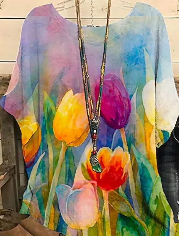 Women's Plus Size Blouse Chiffon Basic Floral Print Dolman Sleeve Short Sleeve Crew Neck Daily Weekend Blue Summer Spring